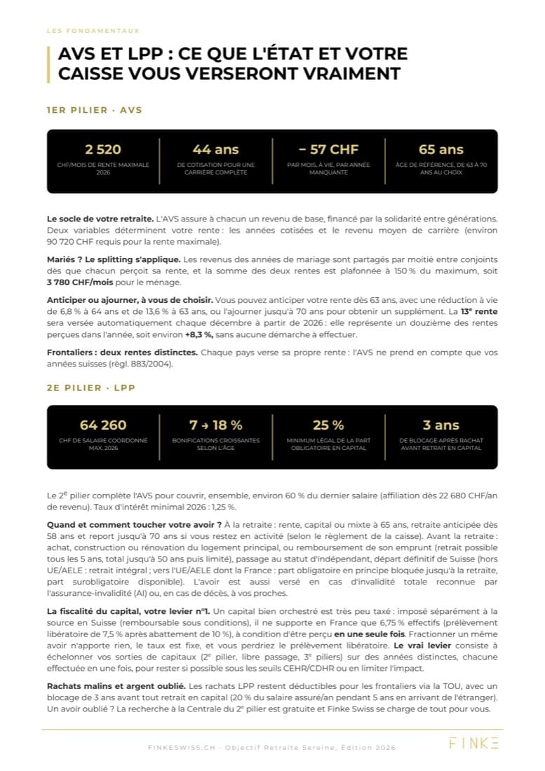 Extrait du guide retraite 2026 FINKE Swiss : l'AVS et la LPP, 1er et 2e piliers
