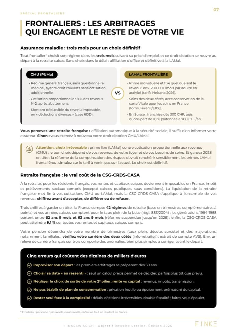 Extrait du guide retraite 2026 FINKE Swiss : les arbitrages des frontaliers